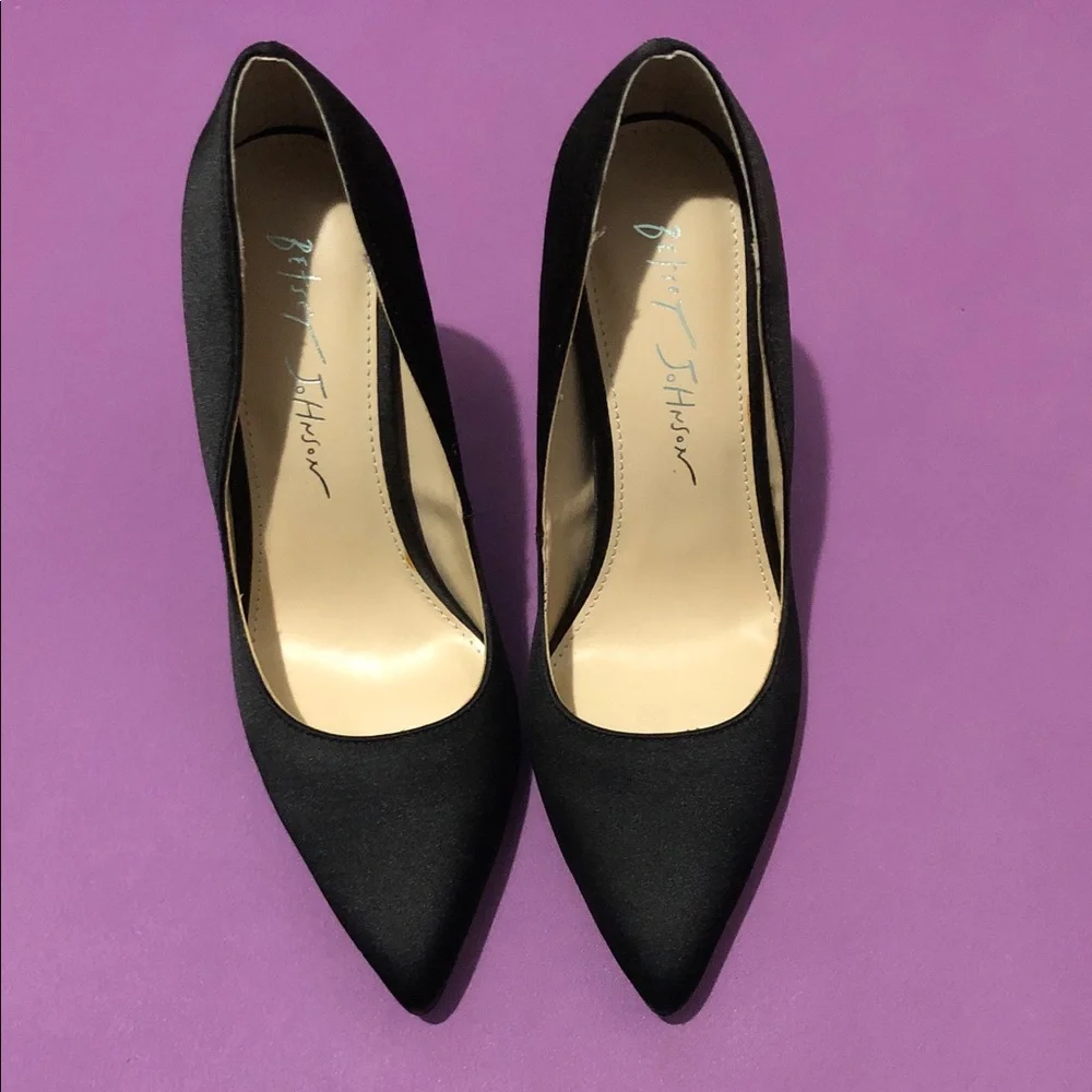 Betsey Johnson Black Satin Pointed Pumps with Jeweled Block Heels - Picture 3 of 8